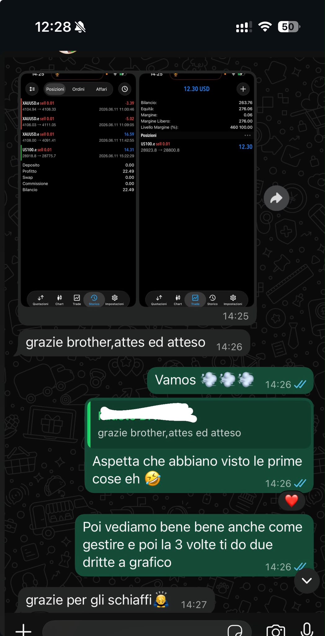 Screenshot risultati trade reali e messaggio di ringraziamento dopo il percorso Mindset Coaching