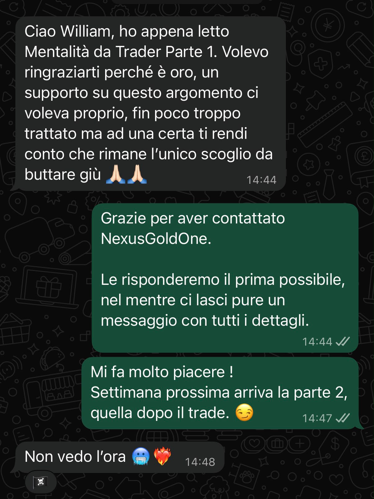 Messaggio di ringraziamento su WhatsApp per l'edizione Mentalità da Trader Parte 1