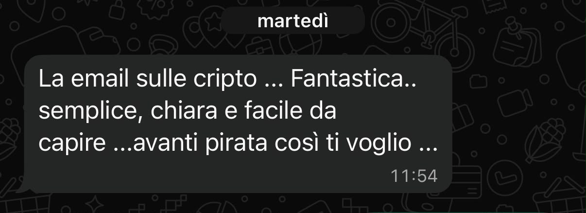 Messaggio WhatsApp di apprezzamento per la rubrica cripto della newsletter
