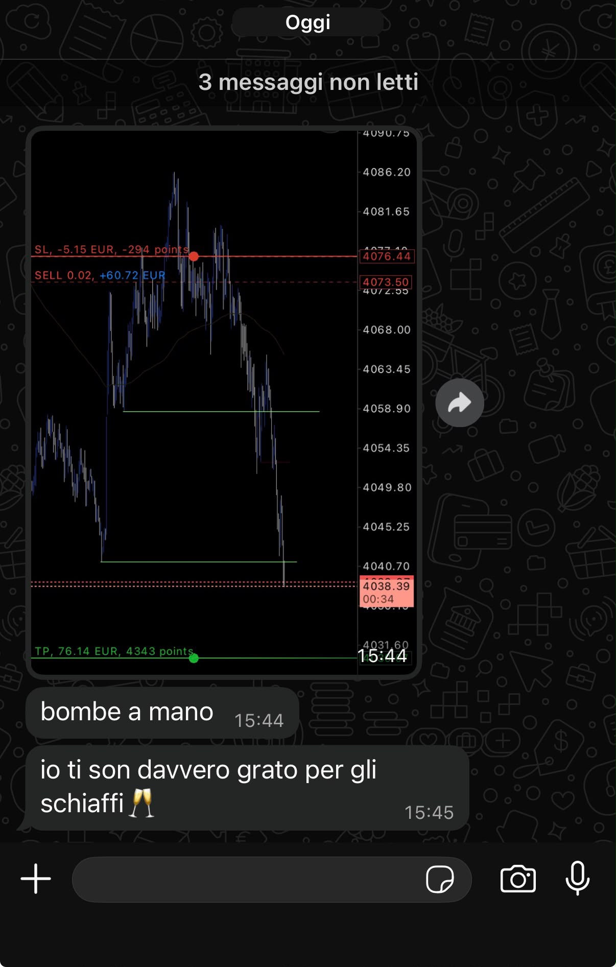 Screenshot trade chiuso in Take Profit e messaggio di ringraziamento per il coaching