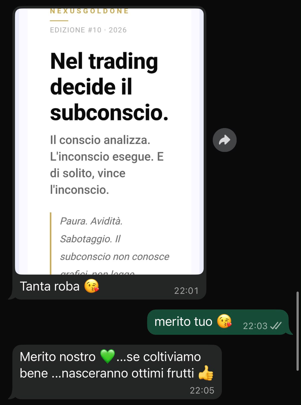 Feedback WhatsApp sulla newsletter, edizione 10, Nel trading decide il subconscio