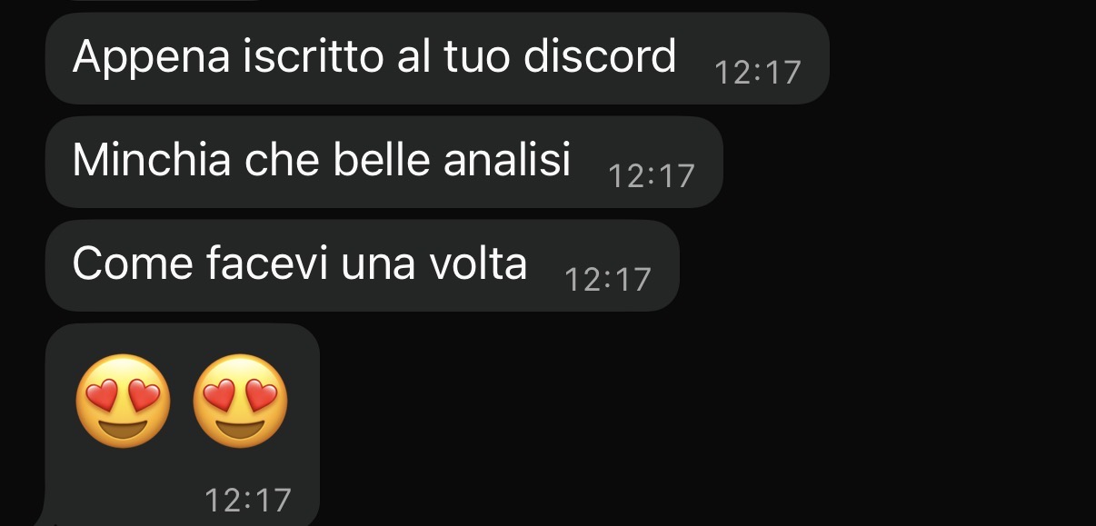 Messaggio di apprezzamento appena iscritto al server Discord, sulle analisi condivise