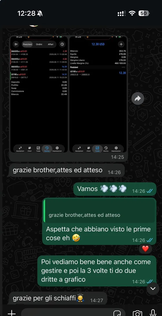 Screenshot risultati trade reali e messaggio di ringraziamento dopo il percorso di coaching