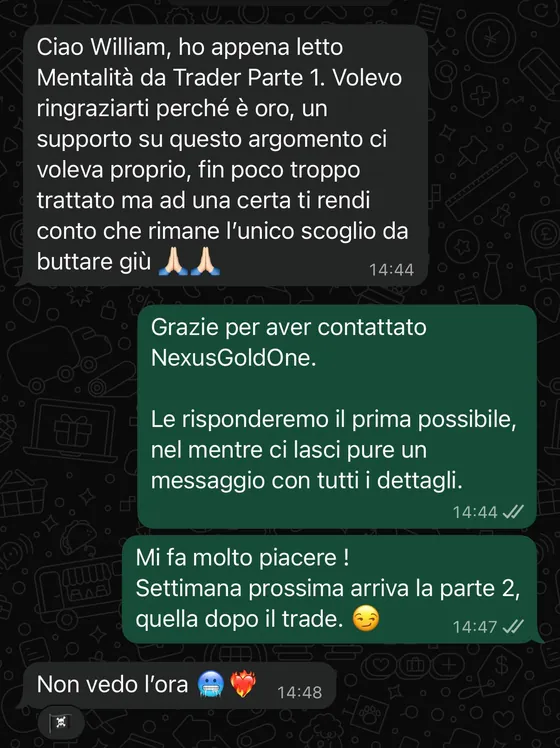 Messaggio di ringraziamento su WhatsApp per l'edizione Mentalità da Trader Parte 1