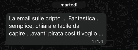 Messaggio WhatsApp di apprezzamento per la rubrica cripto della newsletter