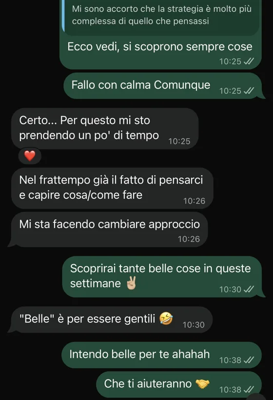 Messaggio WhatsApp di un cliente dopo la prima call: il percorso lo sta facendo cambiare approccio